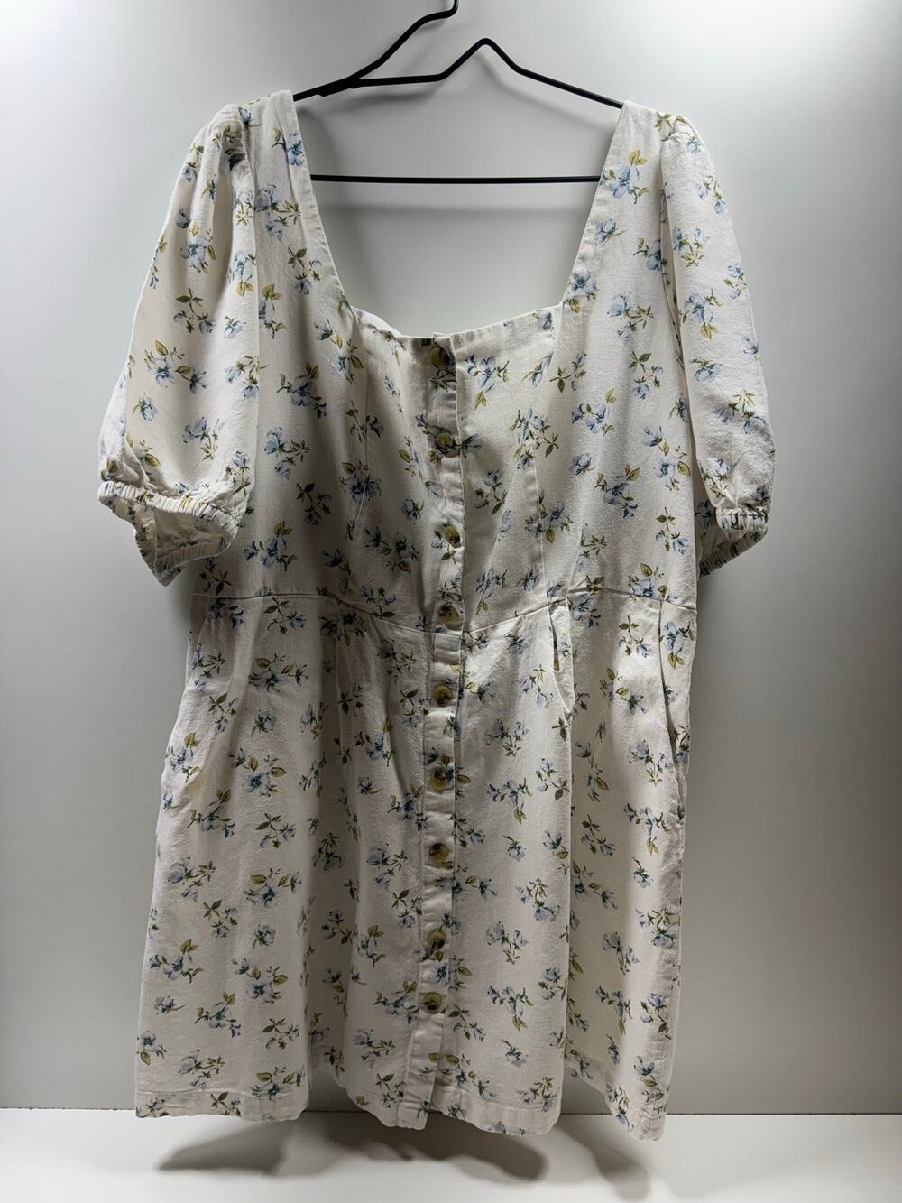Old Navy Linen Blend Puff Sleeve Smocked Mini Dress Women’s 2X Floral White Blue